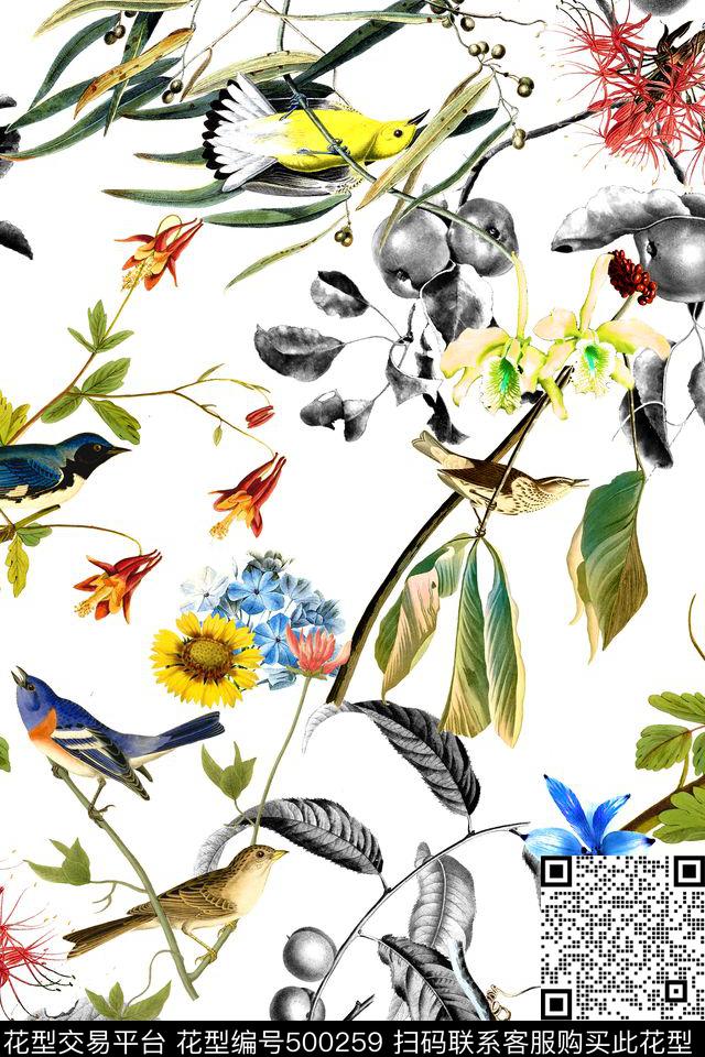 时尚花卉小鸟数码印花华亿平台下载（图片编号: 500259） - 瓦栏（Walan）