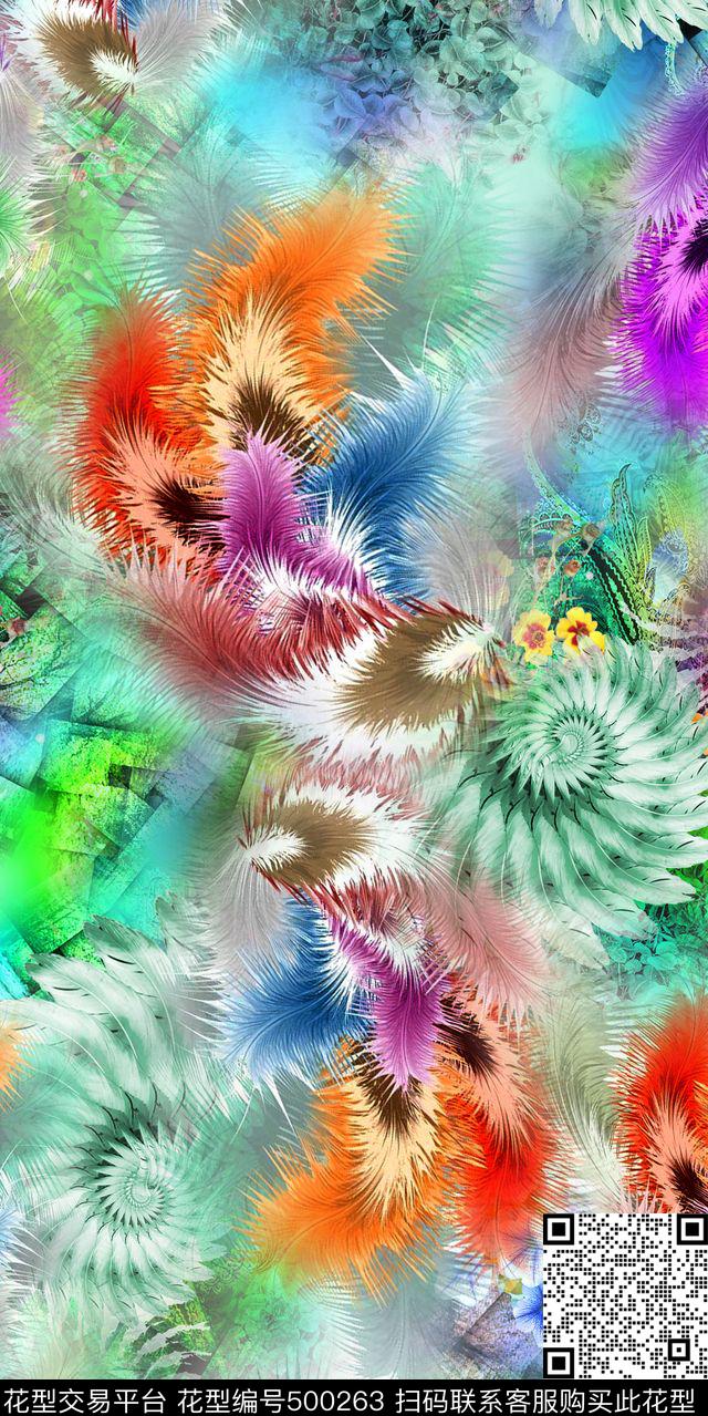 抽象羽毛花卉满底数码印花华亿平台下载（图片编号: 500263） - 瓦栏（Walan）