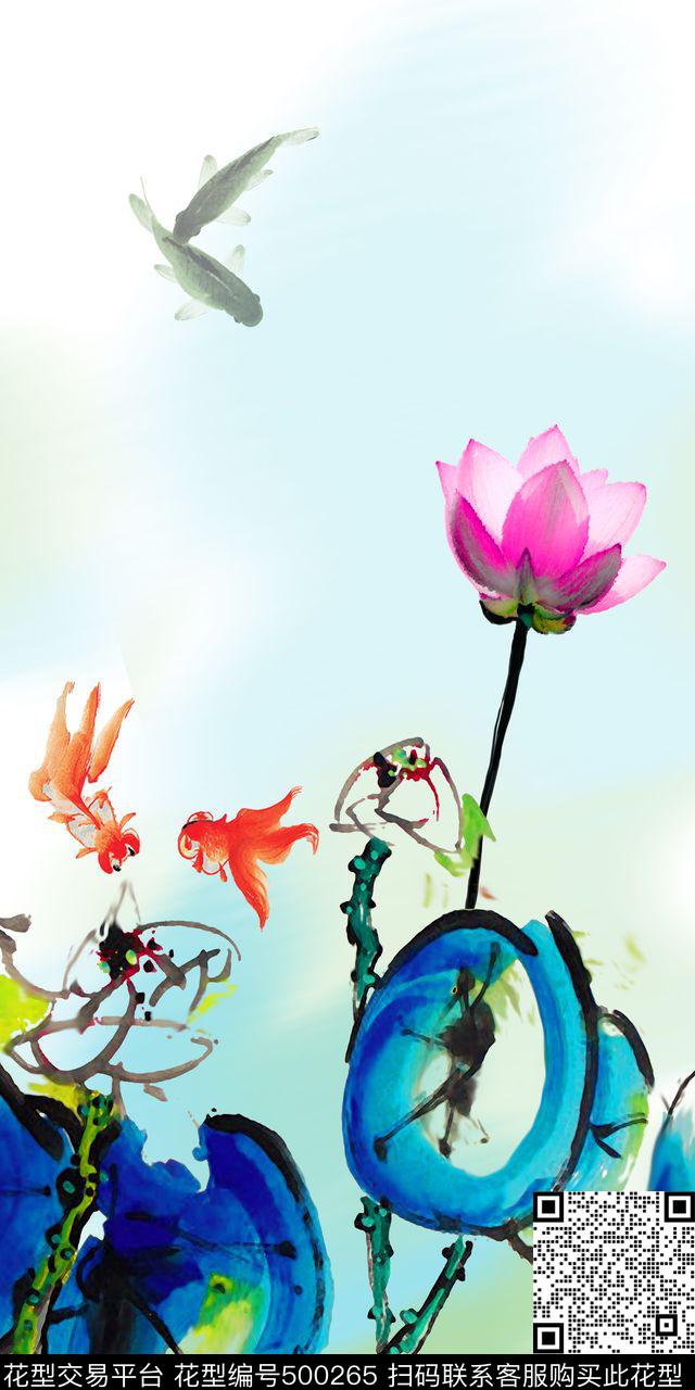 中国风荷花写意数码印花华亿平台下载（图片编号: 500265） - 瓦栏（Walan）