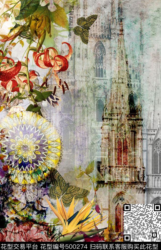 欧美复古建筑花卉教堂女士衬衫定位图案数码印花华亿平台下载（图片编号: 500274） - 瓦栏（Walan）