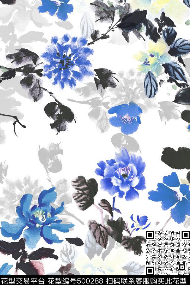 碎花花卉水墨数码印花华亿平台下载（图片编号: 500288） - 瓦栏（Walan）