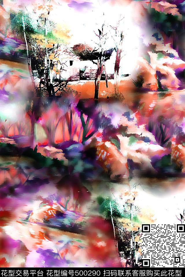 山水时尚水墨数码印花华亿平台下载（图片编号: 500290） - 瓦栏（Walan）