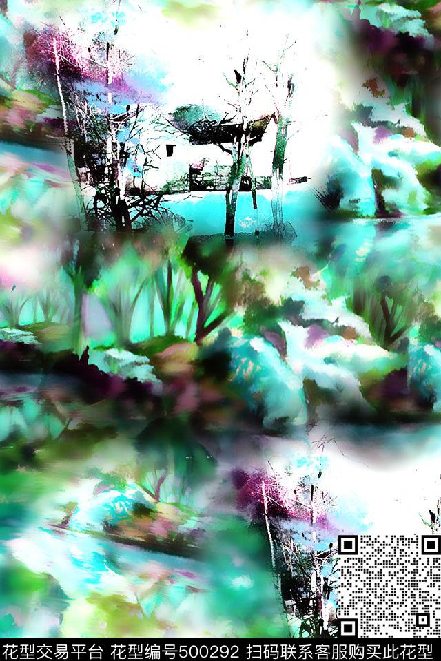 山水时尚水墨数码印花华亿平台下载（图片编号: 500292） - 瓦栏（Walan）