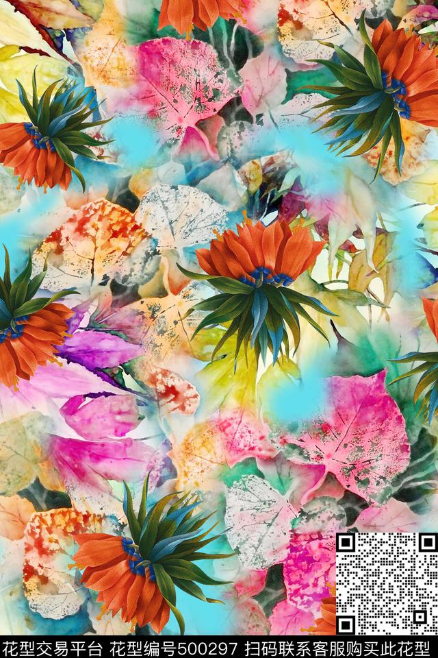 水彩雪纺叶子数码印花华亿平台下载（图片编号: 500297） - 瓦栏（Walan）