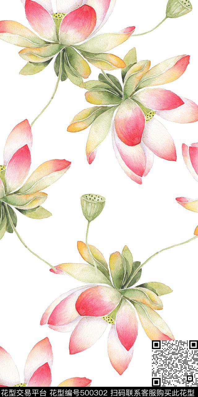 中国风莲花荷花数码印花华亿平台下载（图片编号: 500302） - 瓦栏（Walan）