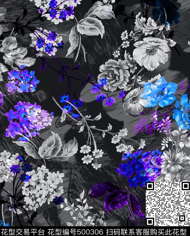 花卉手绘花卉黑底数码印花华亿平台下载（图片编号: 500306） - 瓦栏（Walan）