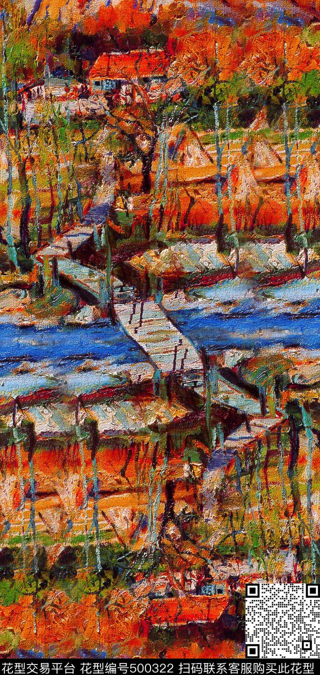 油画风小路房子数码印花华亿平台下载（图片编号: 500322） - 瓦栏（Walan）