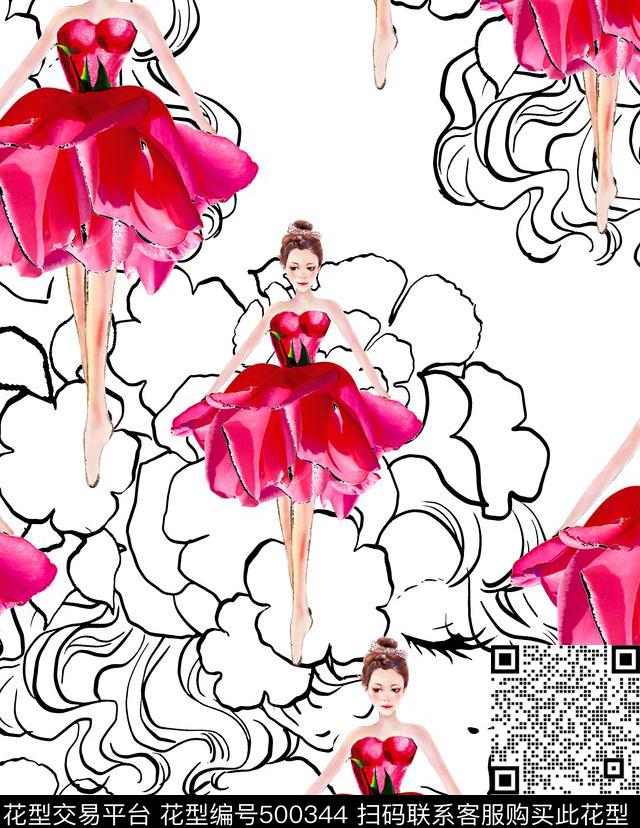 流行时尚手绘芭蕾女孩欧美数码印花华亿平台下载（图片编号: 500344） - 瓦栏（Walan）