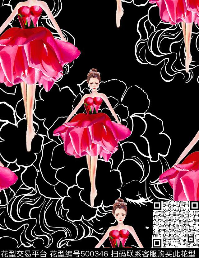流行时尚手绘芭蕾女孩欧美数码印花华亿平台下载（图片编号: 500346） - 瓦栏（Walan）