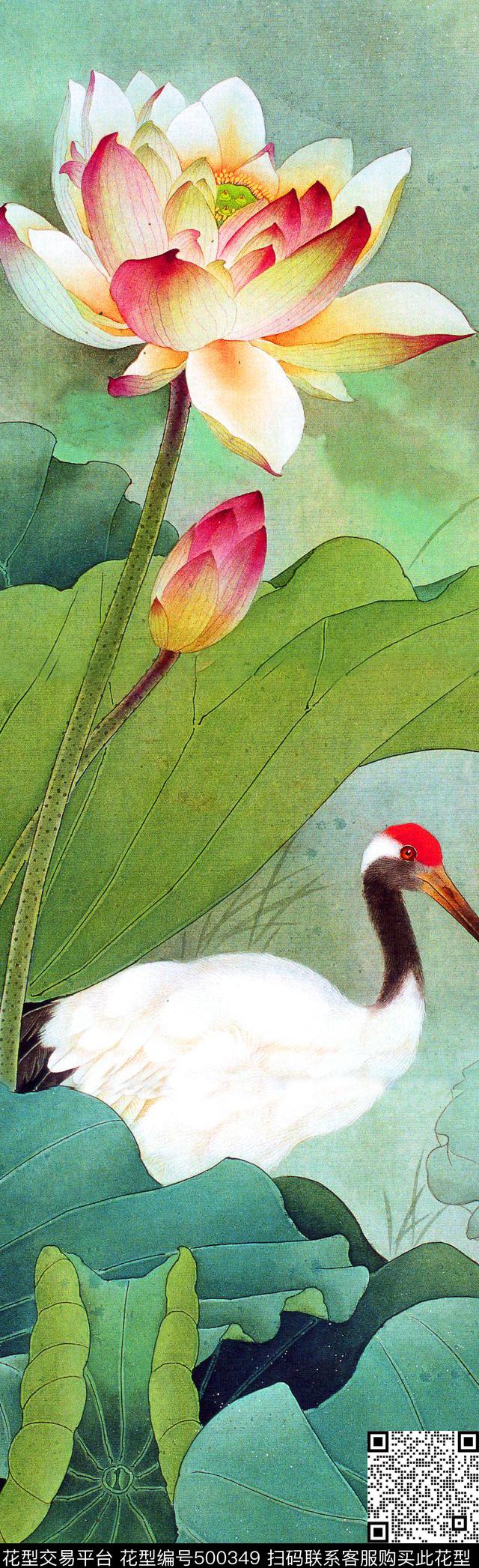 中国风荷花荷叶数码印花华亿平台下载（图片编号: 500349） - 瓦栏（Walan）