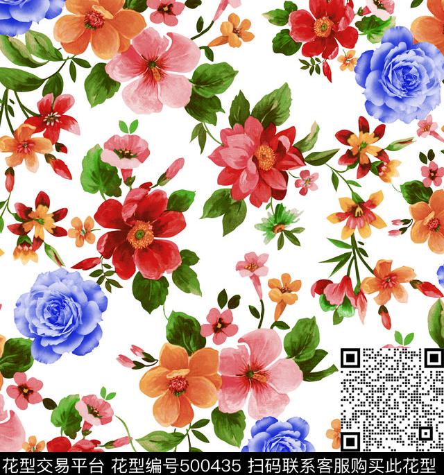 花卉潮流时尚大牌手绘水彩花卉数码印花华亿平台下载（图片编号: 500435） - 瓦栏（Walan）