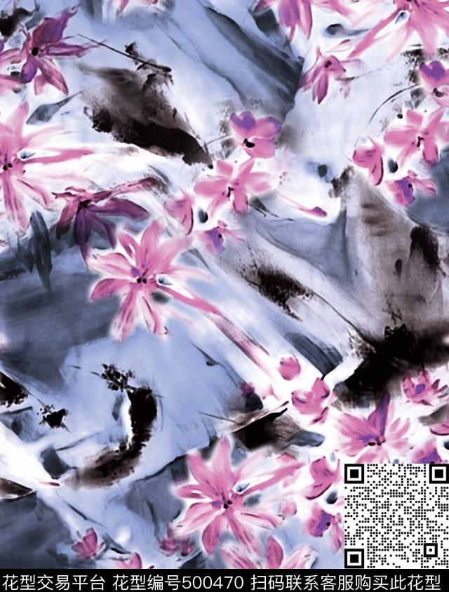 花卉潮流时尚大牌手绘泼墨水彩花卉数码印花华亿平台下载（图片编号: 500470） - 瓦栏（Walan）