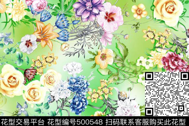 现代花卉组合数码印花华亿平台下载（图片编号: 500548） - 瓦栏（Walan）