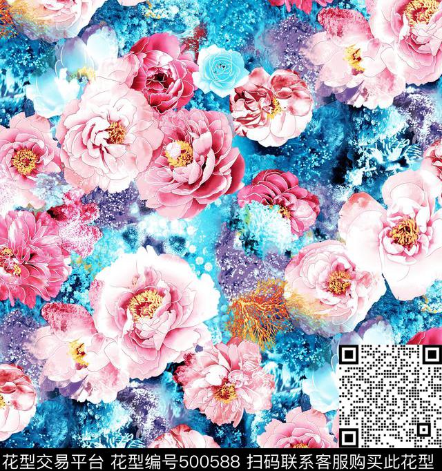 现代花卉组合数码印花华亿平台下载（图片编号: 500588） - 瓦栏（Walan）