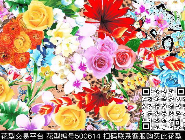 蝴碟花卉玫瑰数码印花华亿平台下载（图片编号: 500614） - 瓦栏（Walan）