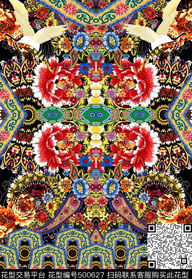 东方牡丹仙鹤传统印花华亿平台下载（图片编号: 500627） - 瓦栏（Walan）