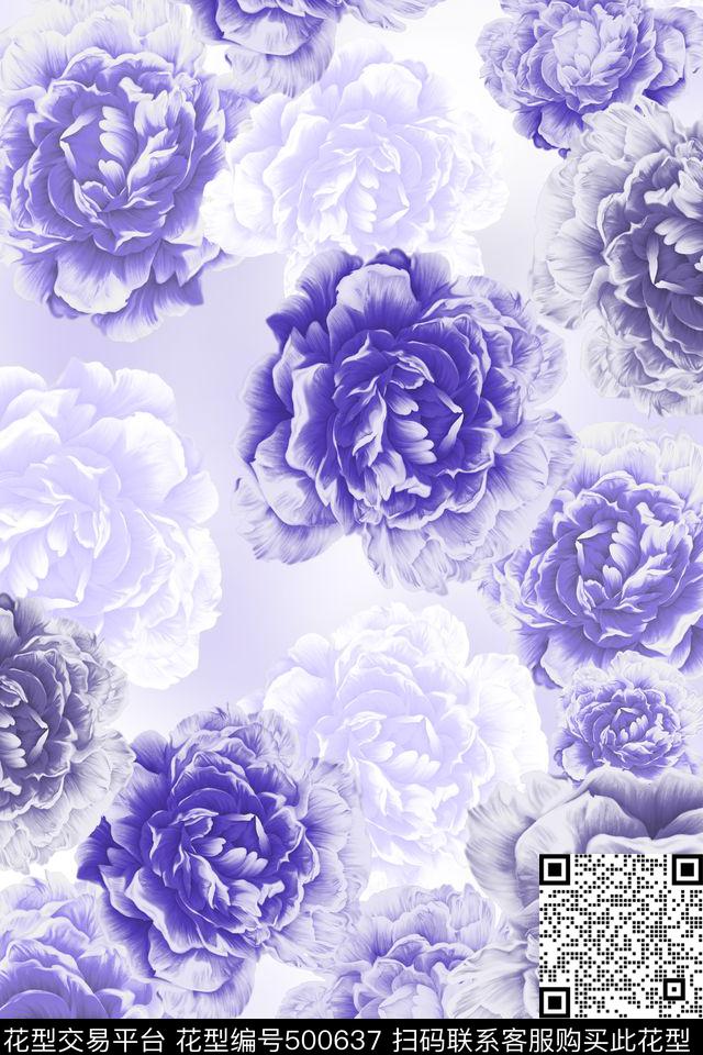 色块梦幻大花数码印花华亿平台下载（图片编号: 500637） - 瓦栏（Walan）