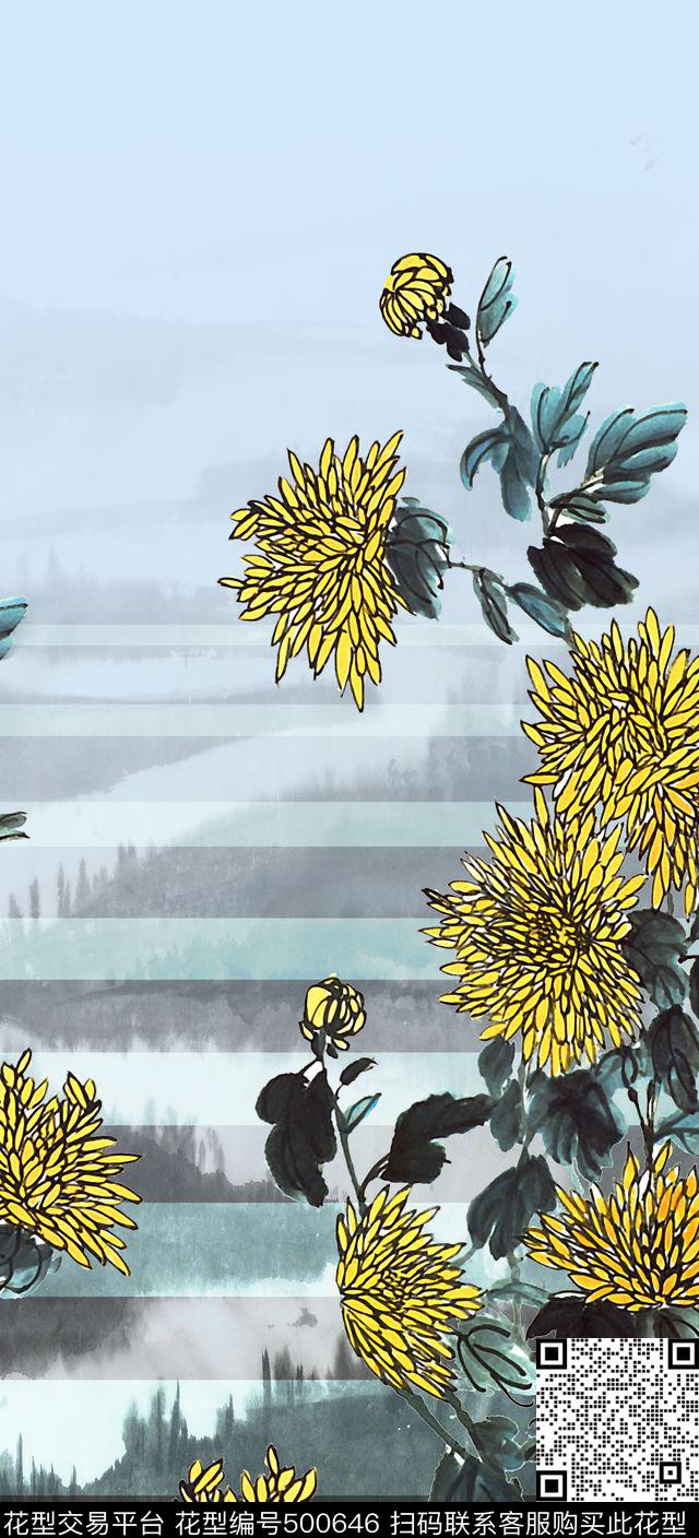 中国风定位国画山水数码印花华亿平台下载（图片编号: 500646） - 瓦栏（Walan）