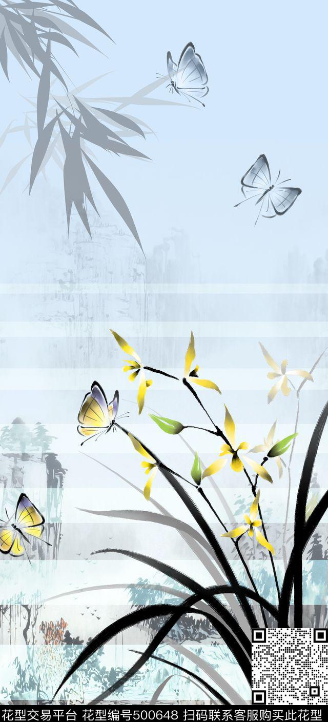 中国风定位国画山水数码印花华亿平台下载（图片编号: 500648） - 瓦栏（Walan）