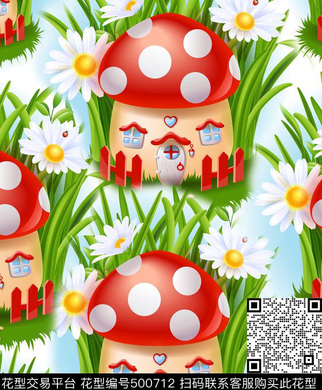 蘑菇小屋野菊花卡通房子小草数码印花华亿平台下载（图片编号: 500712） - 瓦栏（Walan）