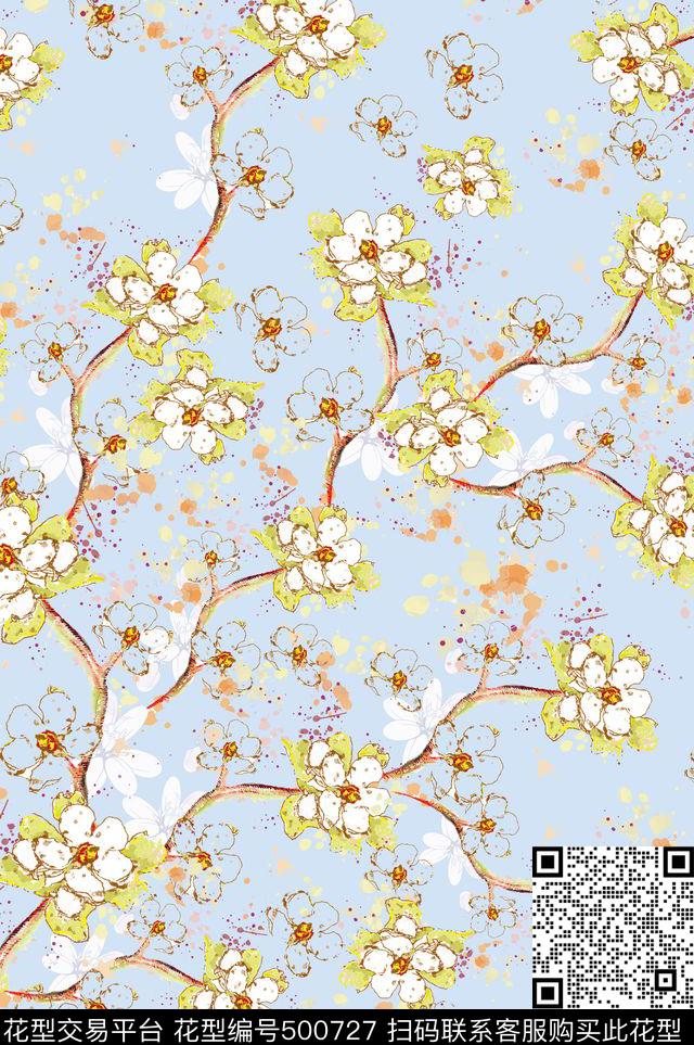 田园树杈花卉墨点数码印花华亿平台下载（图片编号: 500727） - 瓦栏（Walan）