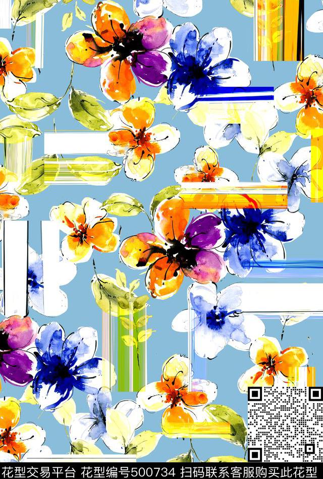 潮流时尚抽象数码印花手绘花数码印花华亿平台下载（图片编号: 500734） - 瓦栏（Walan）