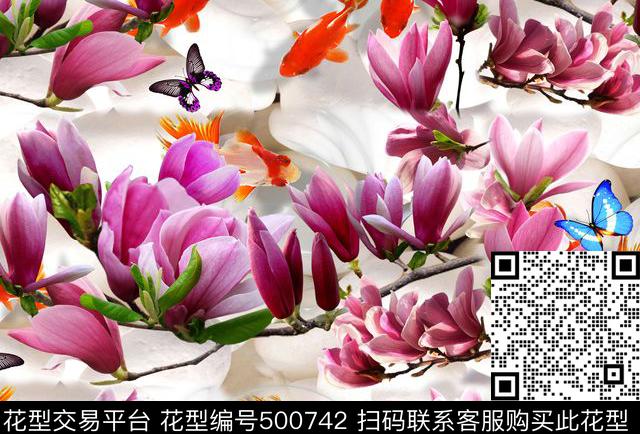 玉兰花树枝嫩叶金鱼数码印花华亿平台下载（图片编号: 500742） - 瓦栏（Walan）