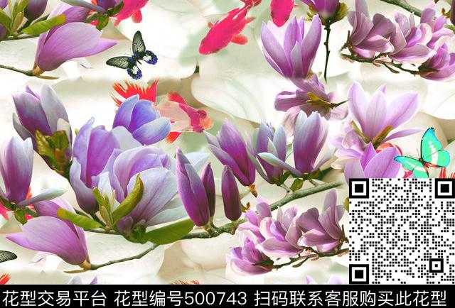 玉兰花树枝嫩叶金鱼数码印花华亿平台下载（图片编号: 500743） - 瓦栏（Walan）