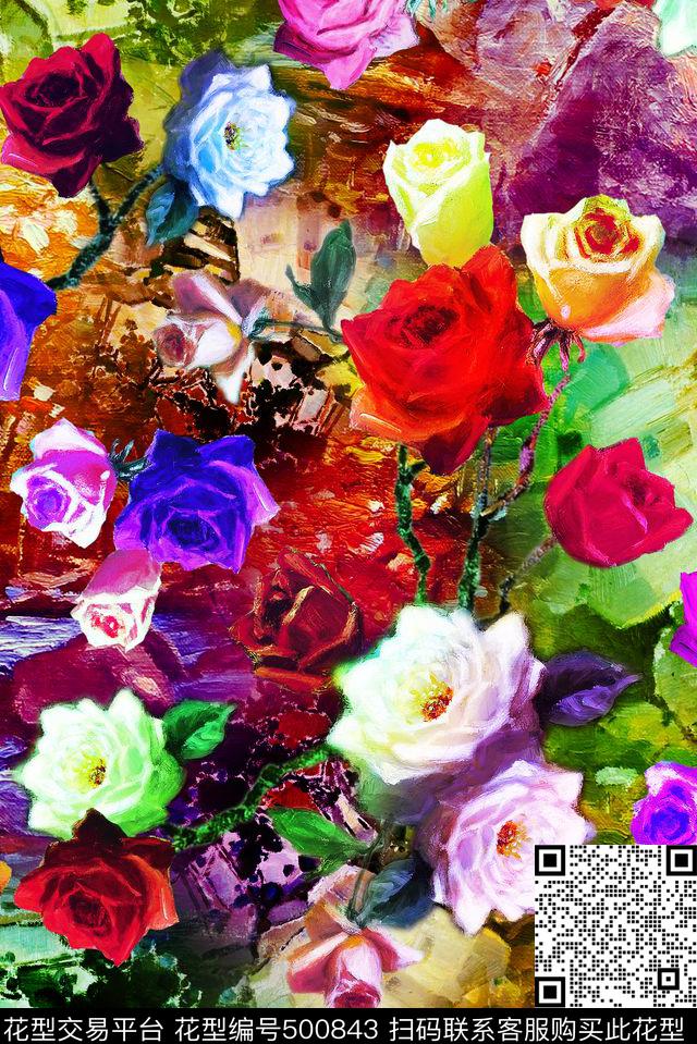时尚玫瑰花炫彩数码印花华亿平台下载（图片编号: 500843） - 瓦栏（Walan）