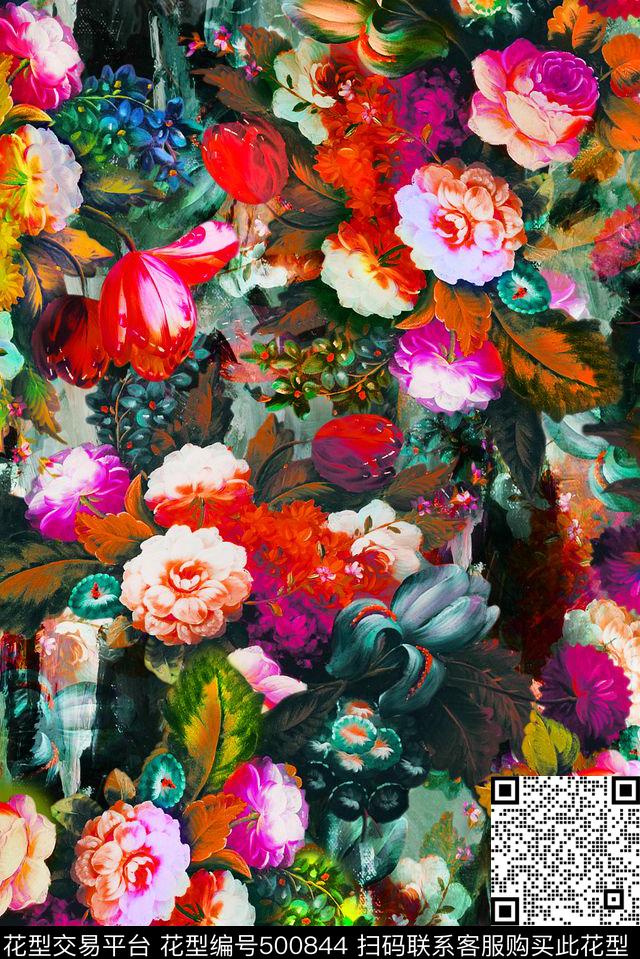 复古玫瑰油画数码印花华亿平台下载（图片编号: 500844） - 瓦栏（Walan）