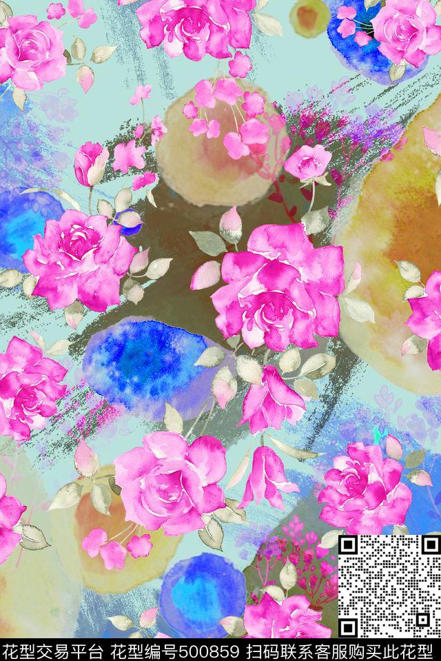 水彩花卉手绘花卉笔刷数码印花华亿平台下载（图片编号: 500859） - 瓦栏（Walan）