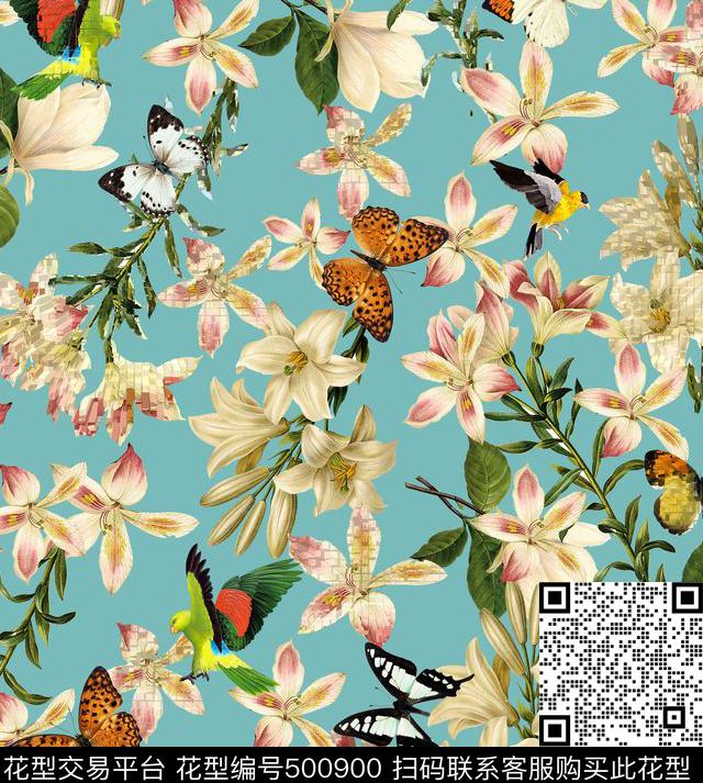潮流时尚复古花卉蝴蝶鹦鹉数码印花华亿平台下载（图片编号: 500900） - 瓦栏（Walan）