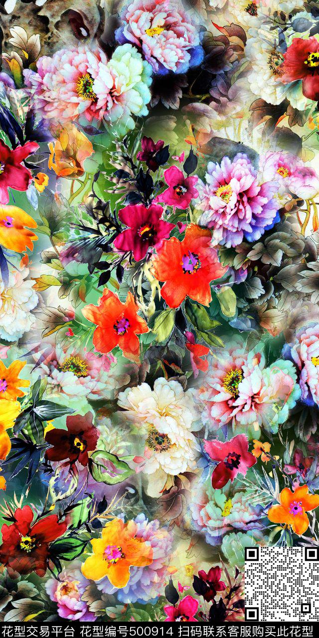 大气水彩国画荷花时尚数码印花华亿平台下载（图片编号: 500914） - 瓦栏（Walan）