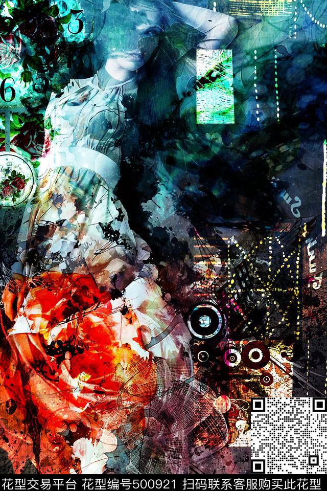 抽象唯美人物海报玫瑰花星空大牌女装定位T恤面料数码印花华亿平台下载（图片编号: 500921） - 瓦栏（Walan）