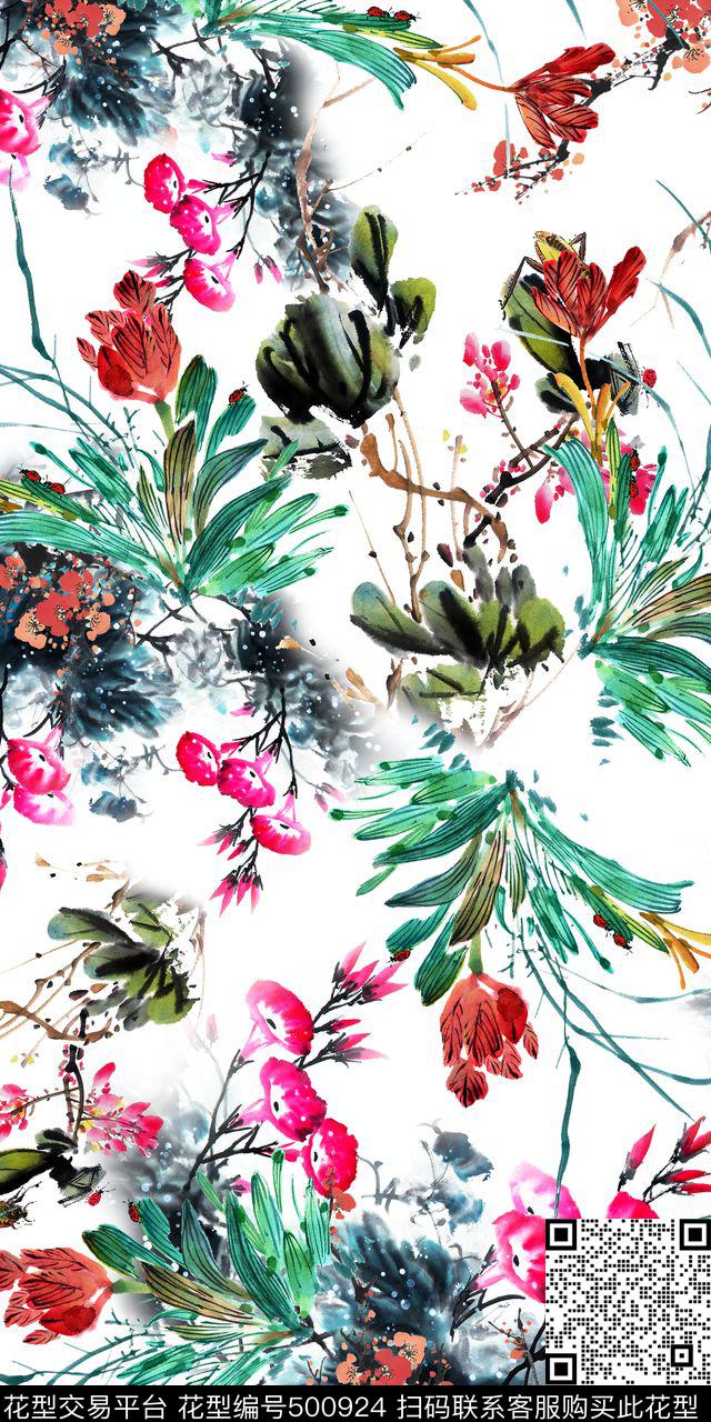 淡雅复古水墨画数码印花华亿平台下载（图片编号: 500924） - 瓦栏（Walan）