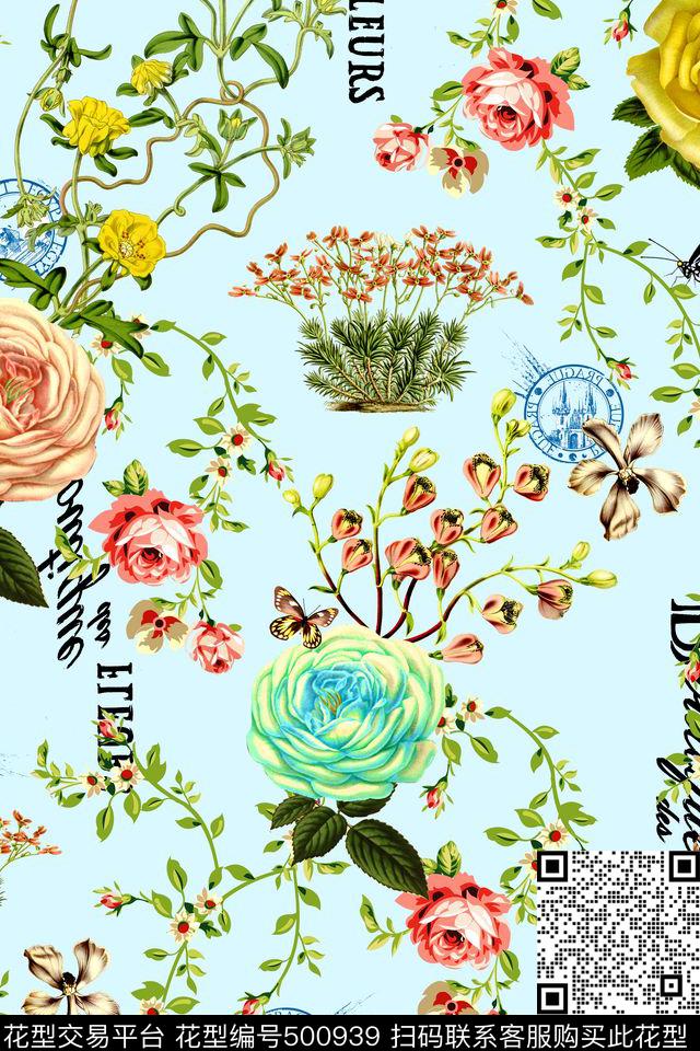 时尚手绘花卉数码印花华亿平台下载（图片编号: 500939） - 瓦栏（Walan）