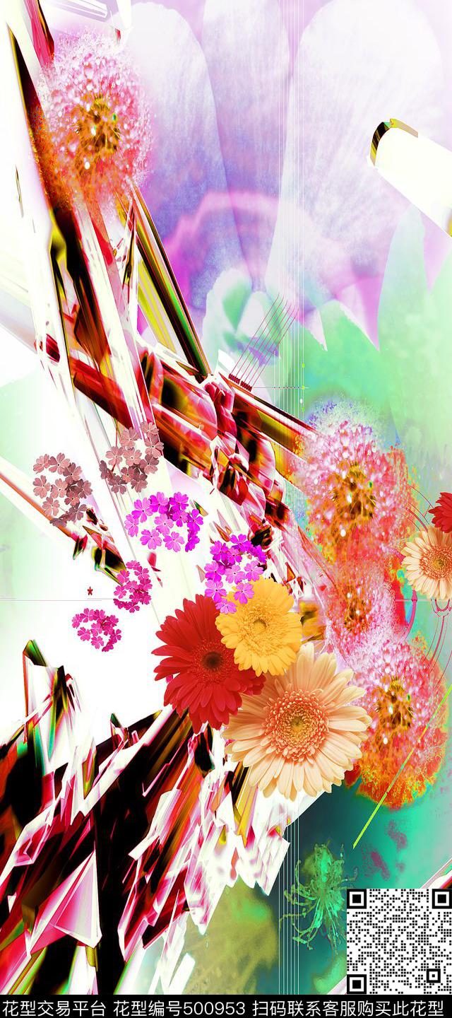 时尚女装裙清爽抽象花卉女装T恤数码印花华亿平台下载（图片编号: 500953） - 瓦栏（Walan）