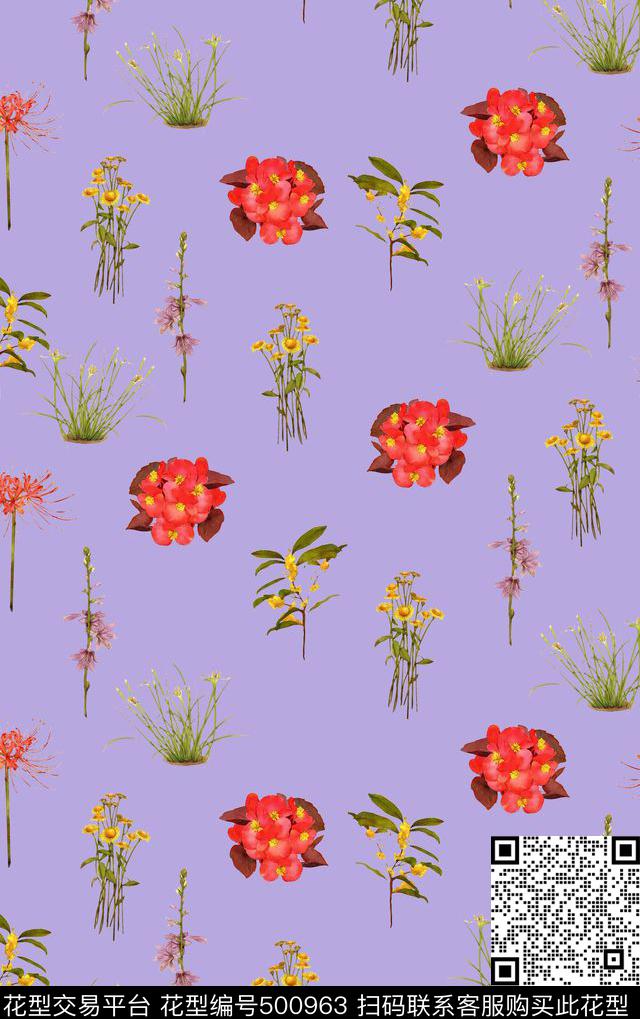 时尚水彩花卉数码印花华亿平台下载（图片编号: 500963） - 瓦栏（Walan）