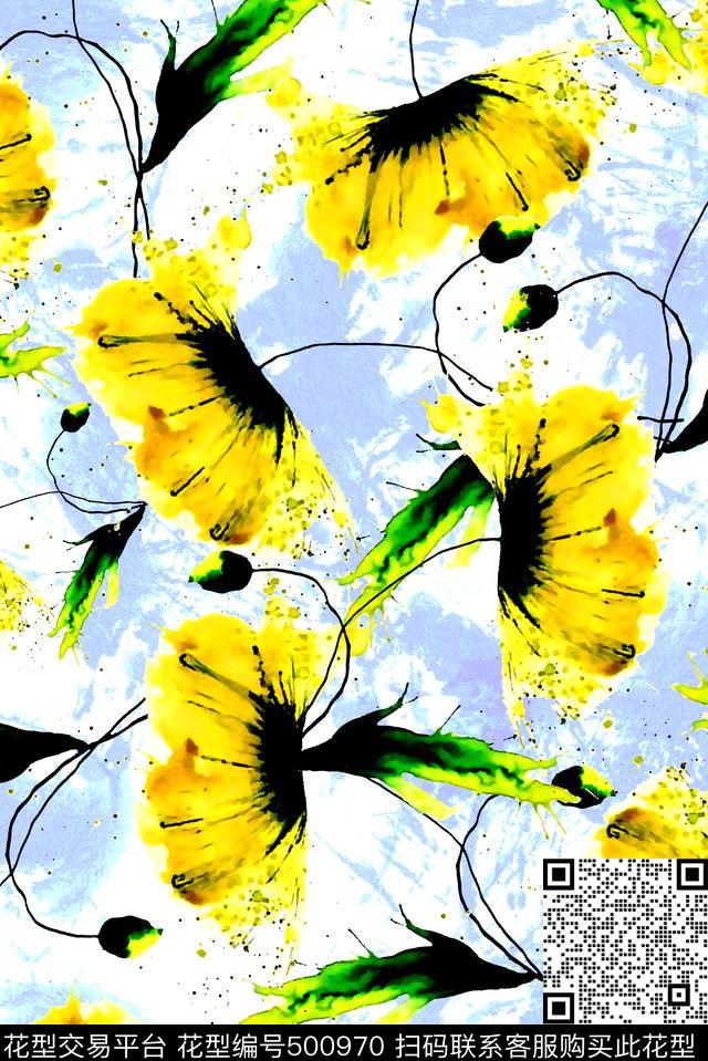 水彩水墨花卉数码印花华亿平台下载（图片编号: 500970） - 瓦栏（Walan）