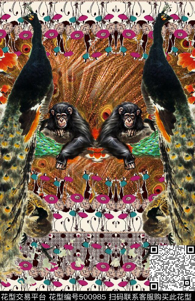 花卉猩猩孔雀数码印花华亿平台下载（图片编号: 500985） - 瓦栏（Walan）