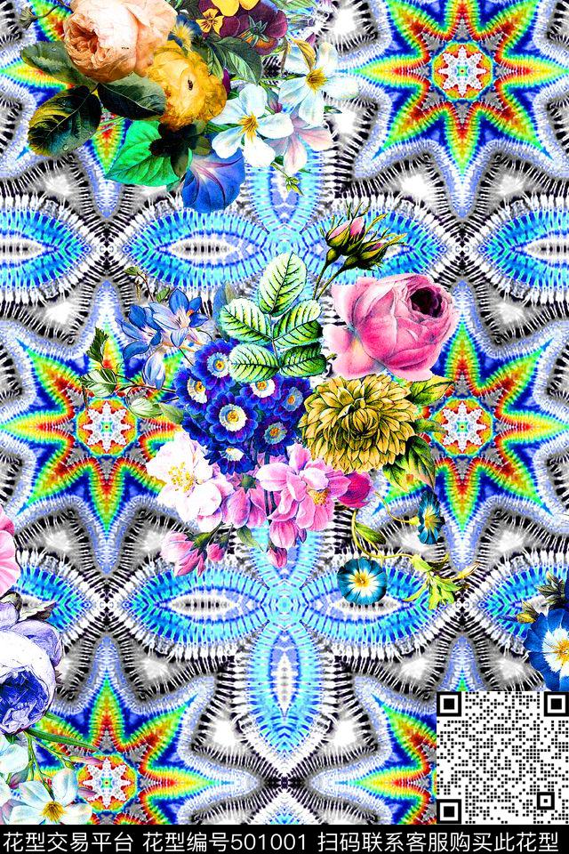 时尚扎染花卉数码印花华亿平台下载（图片编号: 501001） - 瓦栏（Walan）