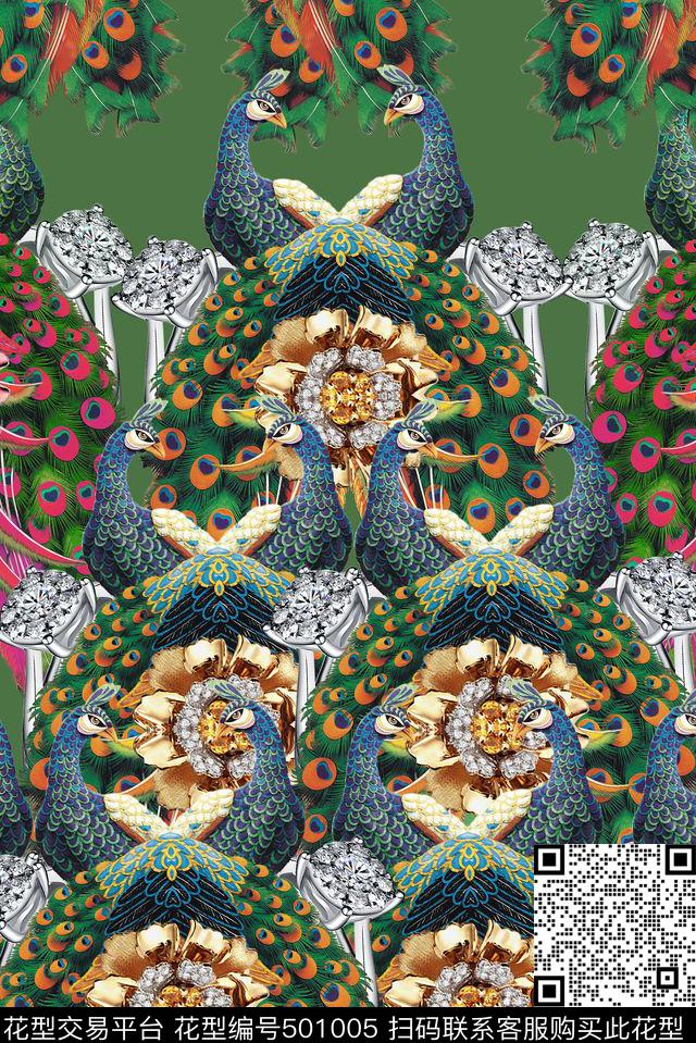 富贵孔雀华丽宝石数码印花华亿平台下载（图片编号: 501005） - 瓦栏（Walan）