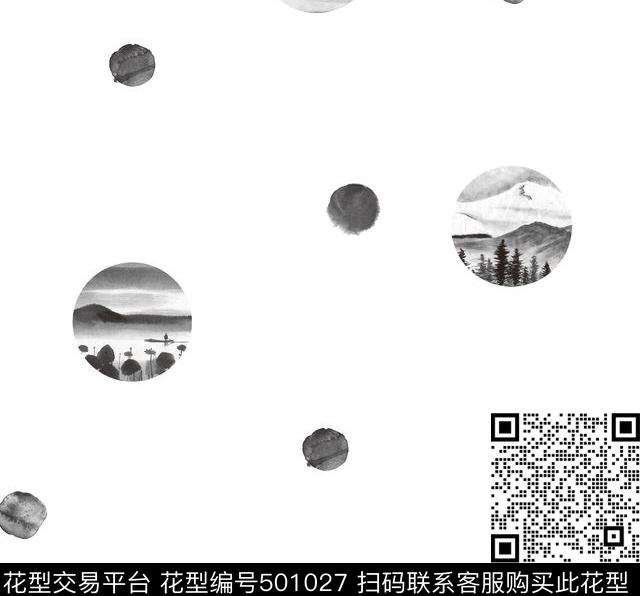 水墨风景国画传统印花华亿平台下载（图片编号: 501027） - 瓦栏（Walan）