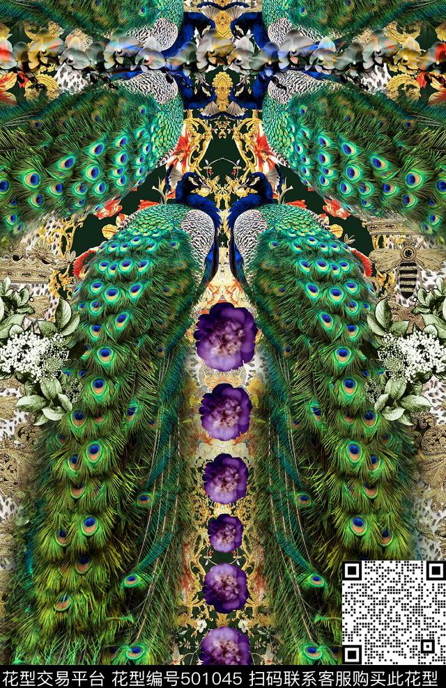 孔雀花卉时尚数码印花华亿平台下载（图片编号: 501045） - 瓦栏（Walan）