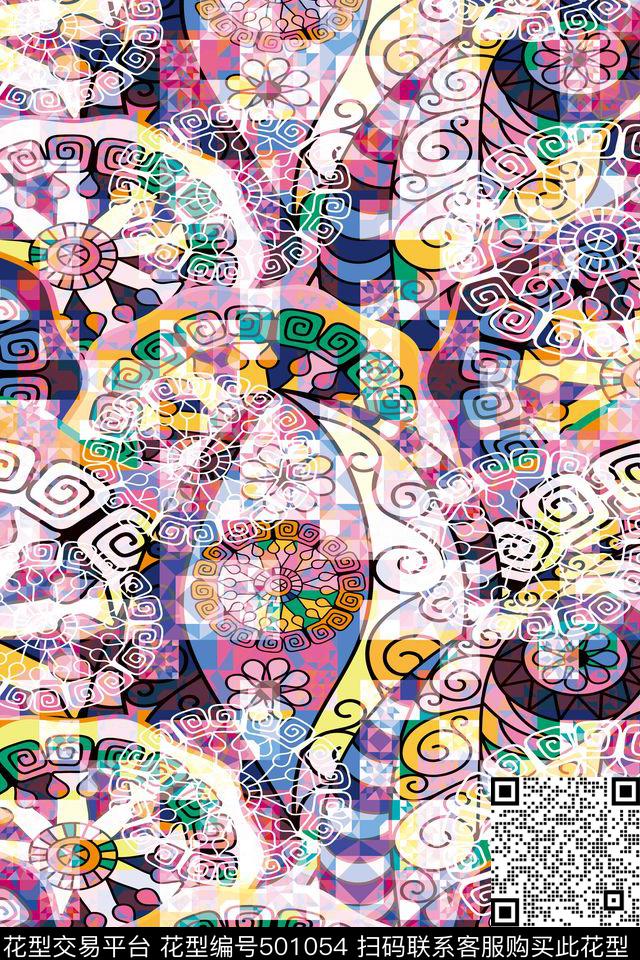不规则几何潮流时尚大牌花卉数码印花华亿平台下载（图片编号: 501054） - 瓦栏（Walan）
