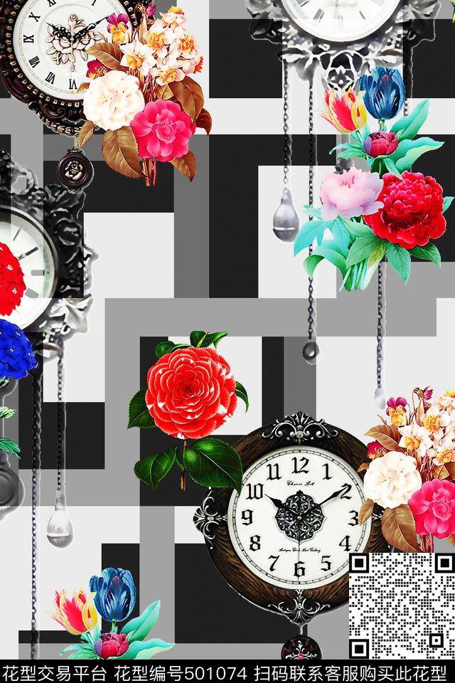 花朵时尚古钟数码印花华亿平台下载（图片编号: 501074） - 瓦栏（Walan）