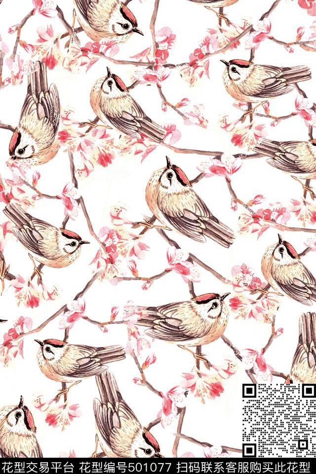 中国风小鸟梅花数码印花华亿平台下载（图片编号: 501077） - 瓦栏（Walan）