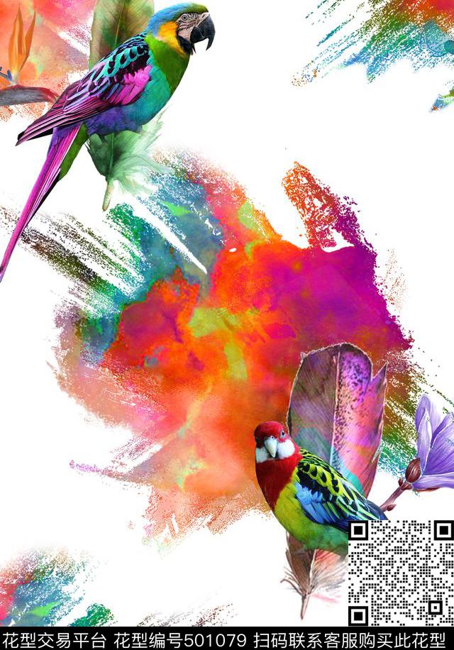 抽象鸟鲜艳数码印花华亿平台下载（图片编号: 501079） - 瓦栏（Walan）
