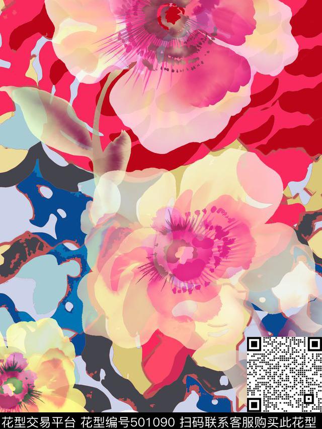 女装四方连续花鸟植物数码印花华亿平台下载（图片编号: 501090） - 瓦栏（Walan）