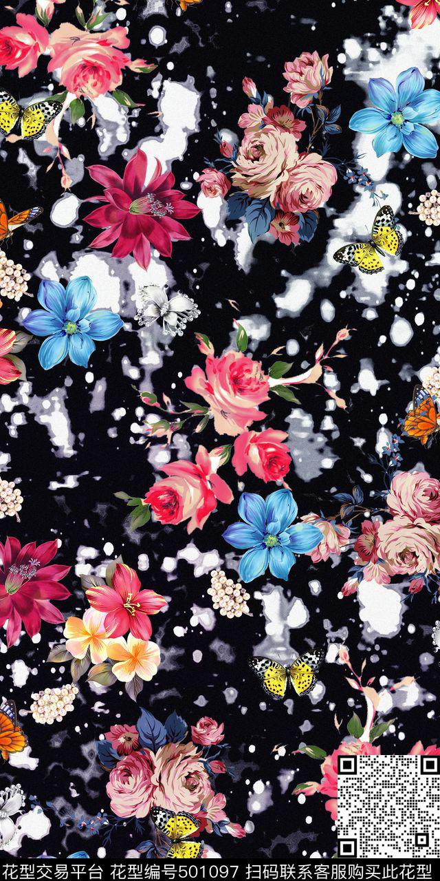 蝴蝶花卉墨点数码印花华亿平台下载（图片编号: 501097） - 瓦栏（Walan）
